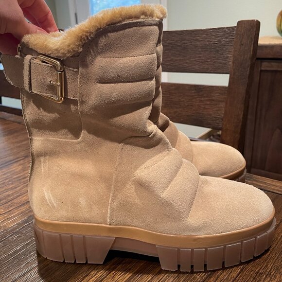 Free People Fable Boots Leather Suede Chunky EU 39 (US 8.5) Zip Up Faux Fur Tan - Picture 1 of 16